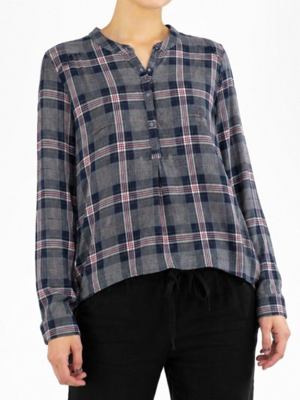 Xirena Gray Navy Blue Red Plaid Print Long Sleeve Blouse - S